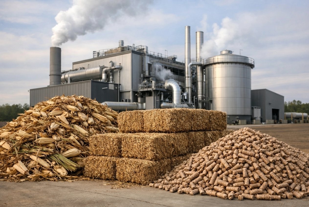 Feedstock bales, briquettes and pellets in front of the biomass plant — the full chain from residue to fuel